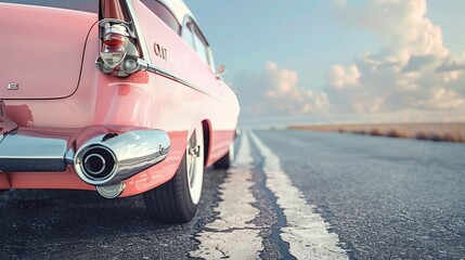 Classic pink car on asphalt road.