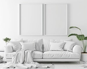 2 simple modern picture frames side by side in the same size on a white wall, hyper realistic, over a white couch, stylish living room