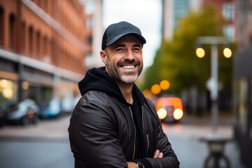 Portrait of a happy mature man smiling at the camera in the city