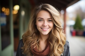 Obraz premium Portrait of a beautiful young woman with long blond hair smiling at the camera