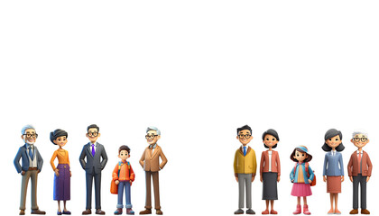 無背景に、横にたくさんならんだ３Dの人たち。老若男女。