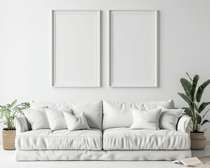 2 simple modern picture frames side by side in the same size on a white wall, hyper realistic, over a white couch, stylish living room