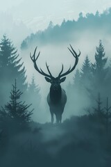  A deer stoically poses in a forest's heart, fog swathing the landscape, trees and shrubs blurred behind
