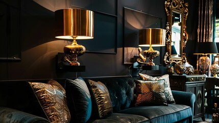 Bronze lamps with modern shades adorn a dark wall.