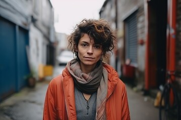 Fototapeta premium Portrait of a beautiful young woman with curly hair on the street