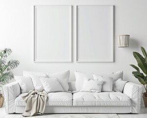 2 simple modern picture frames side by side in the same size on a white wall, hyper realistic, over a white couch, stylish living room