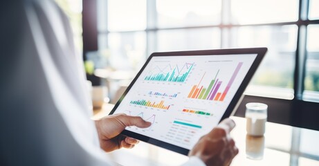 market researcher analyzing data and creating a report, surrounded by charts and graphs, in a minimalist office space, during daytime