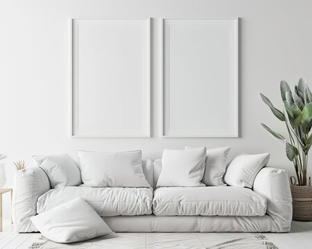 2 simple modern picture frames side by side in the same size on a white wall, hyper realistic, over a white couch, stylish living room