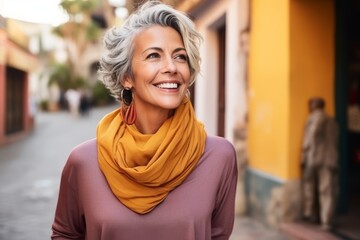 Portrait of a happy senior woman walking in the street, smiling