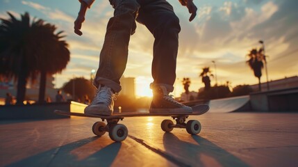Skateboarder at sunset in urban skate park