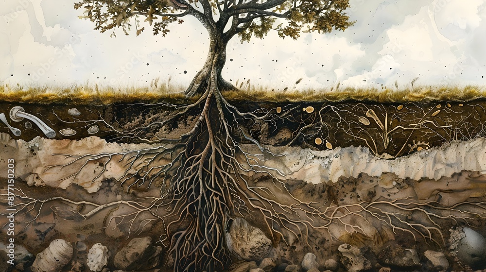 Poster soil cross-section revealing tree roots and fossilized remnants of the past