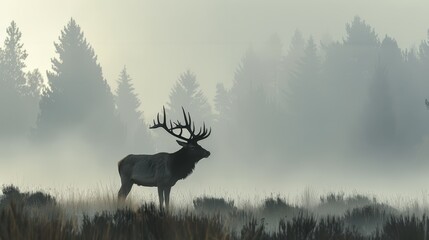  A deer, silhouetted against foggy forest backdrop, stands amidst tall grass and trees