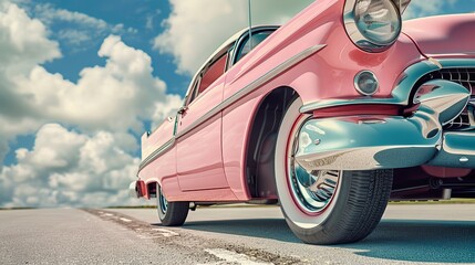 Classic pink car on asphalt road.