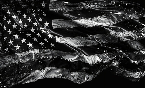 Black and white American flag waving in the wind. Dark background with detailed texture of fabric. Concept for proud, freedom or heritage day. High resolution.


