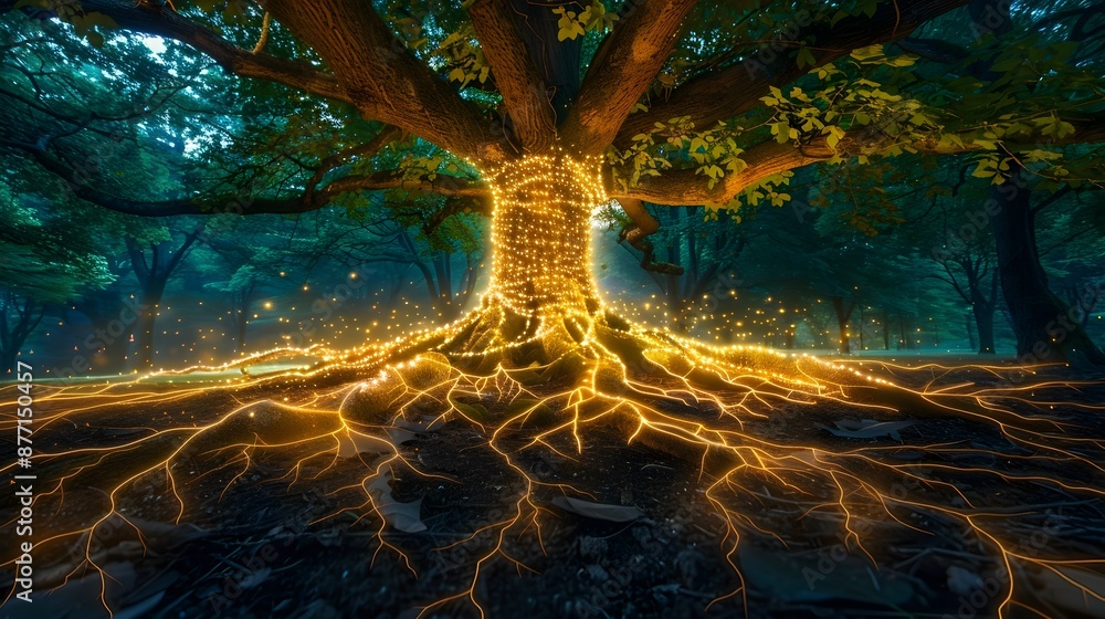 Poster glowing tree roots connecting in a networked natural ecosystem
