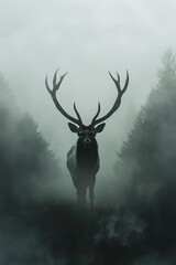  A black-and-white image of a stag standing in a foggy forest with antlers on its back is incorrect The antlers should be on the stag's head, not its