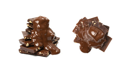 Broken chocolate bar stack, isolated. Milk chocolate square pieces, melted cubes, small bloks pile, choco