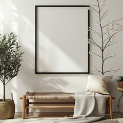 a blank wall art mock up of a picture frame inside a clean, modern, asian designer appartment, dark picture frame, skinny picture frame