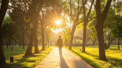 Fototapeta premium Person walking in a park during golden hour with sun filtering through the trees, creating a serene and peaceful atmosphere.