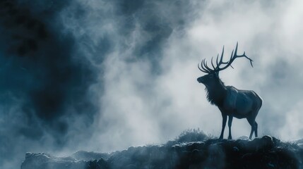  A stag atop a rocky hill in foggy, smoky conditions; its antlers emit billows of mist