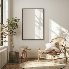 a blank wall art mock up of a picture frame inside a clean, modern, asian designer appartment, dark picture frame, skinny picture frame