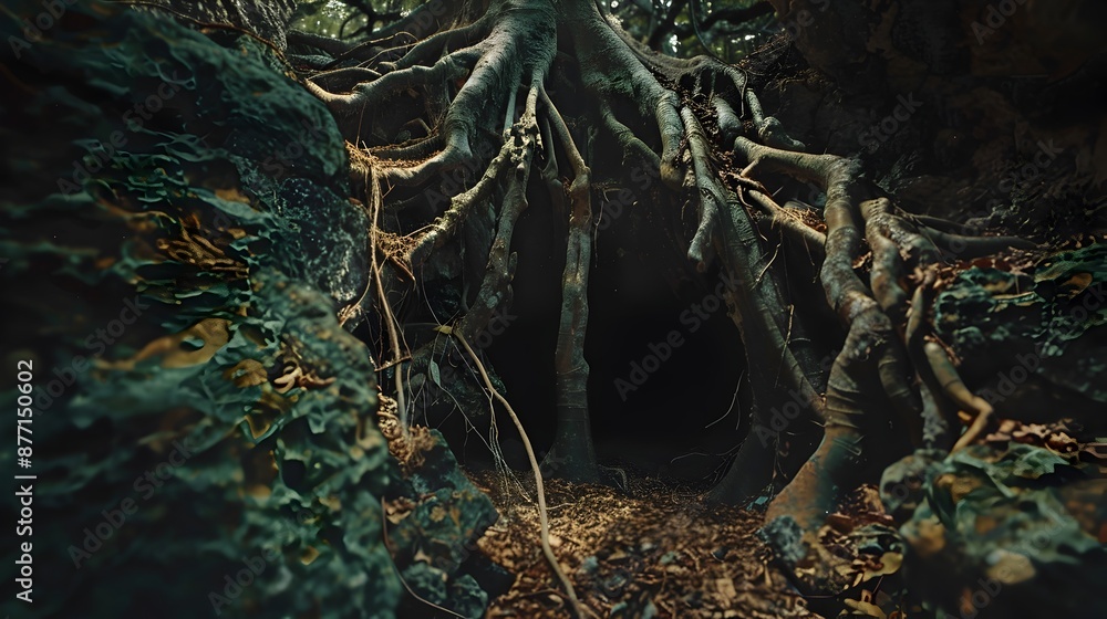 Poster tree roots extending into underground cavern highlighting hidden natural world wonders