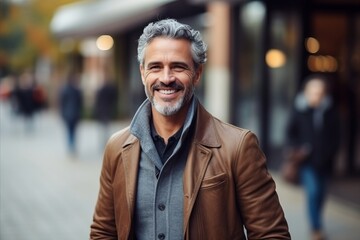 Obraz premium Portrait of a handsome middle-aged man with grey hair, wearing a brown jacket, smiling and looking at the camera.