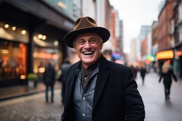 Portrait of a happy senior man with hat walking in the city