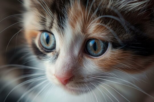 Closeup portrait of a cute tricolor kitten with captivating blue eyes