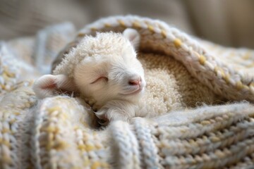 Peaceful newborn lamb sleeps soundly wrapped in a soft, warm knitted blanket