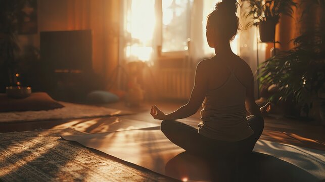 Woman meditating on yoga mat in cozy home environment with golden sunset light filtering through window, promoting peace and mindfulness.