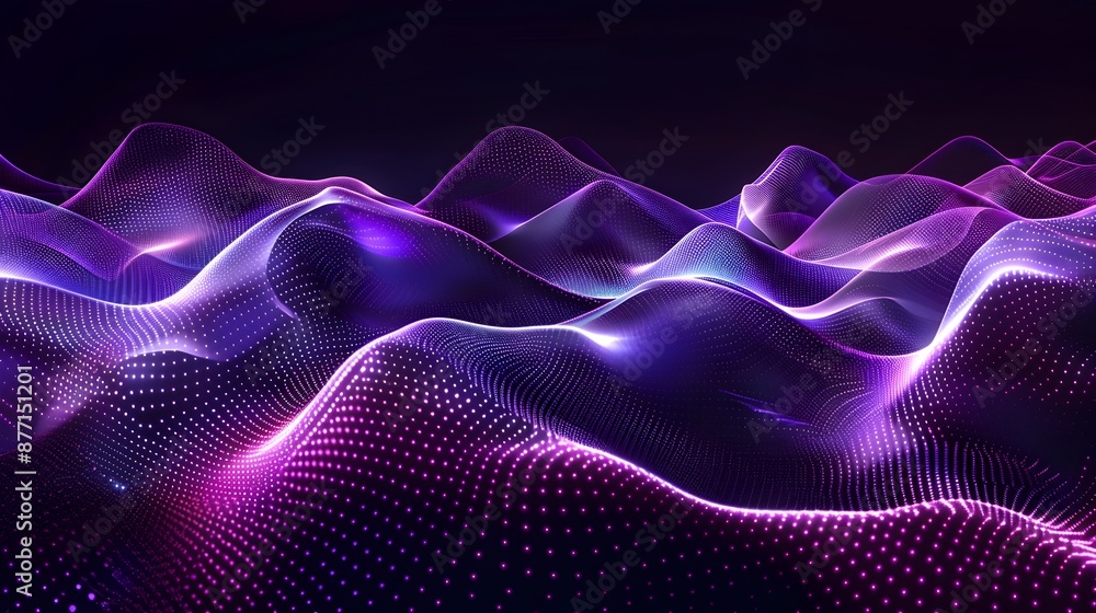 Poster captivating digital landscape with luminous undulating waves and flowing particles