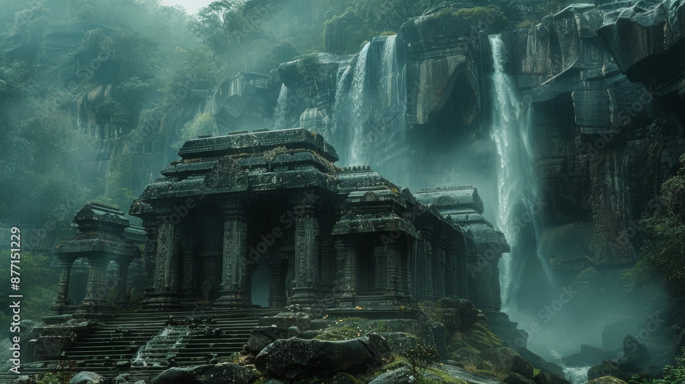 Poster an ancient temple hidden deep in the jungle, with a waterfall cascading nearby and mist creating an 