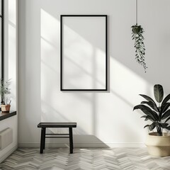 a mockup of a black poster frame with A3 size on a white wall