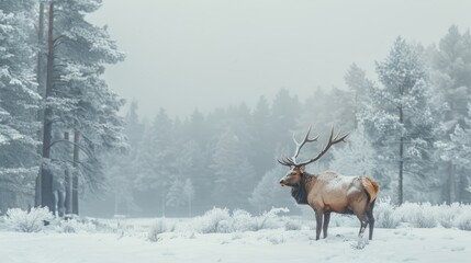  A large elk stands in a snow-covered field, surrounded by trees in the background and enveloped by foggy air