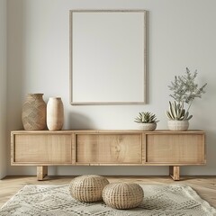 a neutral colored credenza with small succulents on top with a large blank unobscured white vertical poster on the wall above it