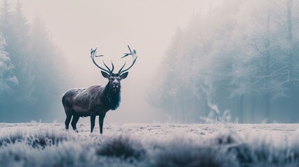 Naklejka premium A deer stands in the midst of a foggy forest, its head adorned with antlers, devoid of any additional antlers