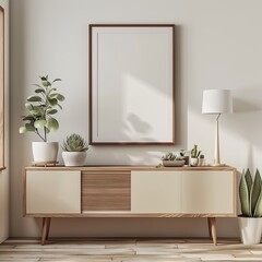 a neutral colored credenza with small succulents on top with a large blank unobscured white vertical poster on the wall above it