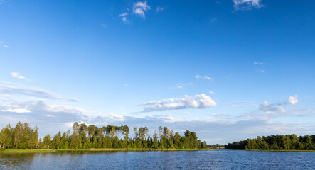 Natural panoramic landscape background, lake coast