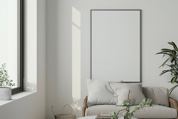 a simple mockup of a blank poster in a minimalist living room