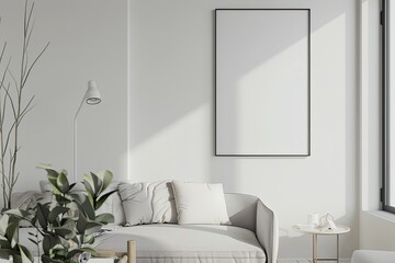a simple mockup of a blank poster in a minimalist living room
