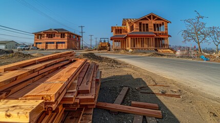Construction of a wooden house in a suburban area