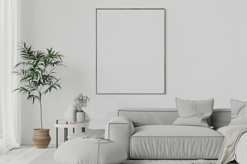 a simple mockup of a blank poster in a minimalist living room