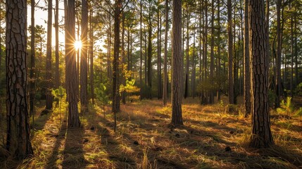 Obraz premium Serene forest landscape with sunlight filtering through tall trees, creating long shadows and a peaceful, natural atmosphere.