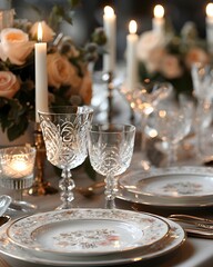 Sumptuous porcelain plates and dazzling hand-cut crystal glasses embellish the candlelit table, exuding an air of romance and opulence in the exclusive, high-end restaurant. The scene is meticulously.