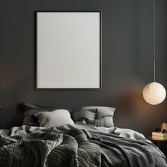 an empty square picture frame for mockup on a dark grey wall in a teenagers bedroom