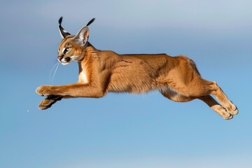 Caracal (Caracal caracal) leaping into the air to catch prey, with a blue sky in the background
