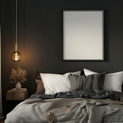 an empty square picture frame for mockup on a dark grey wall in a teenagers bedroom