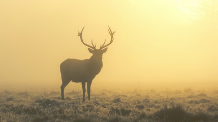 Fototapeta premium Deer in misty field, sun filters through trees
