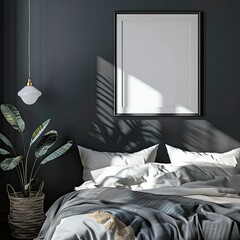 an empty square picture frame for mockup on a dark grey wall in a teenagers bedroom